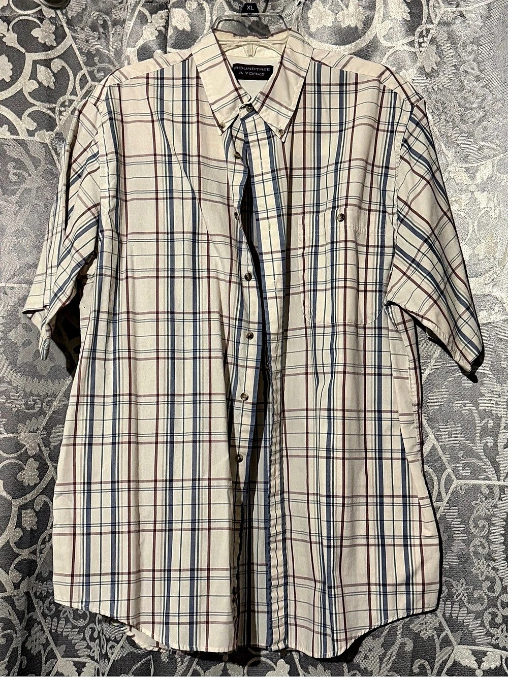 Roundtree & Yorke Plaid Short Sleeve Shirt Cream & Blue XL
